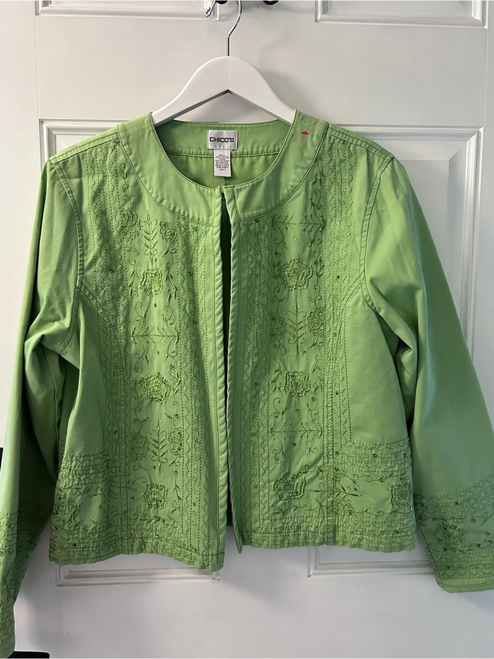 Chico's Bright Lime Embroidered Open-Front Jacket
